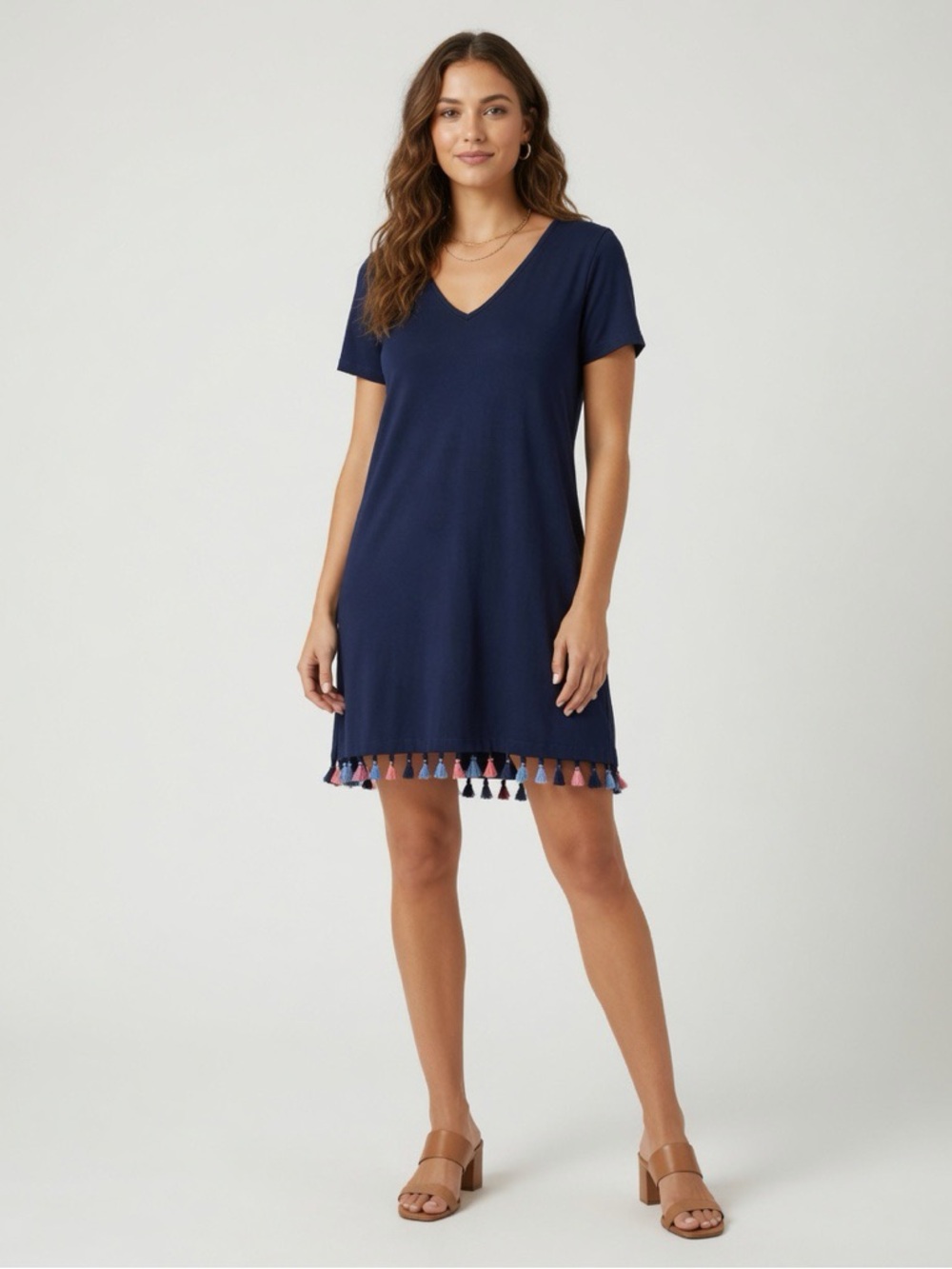 Sz XS Michael Stars Navy V Neck Short Sleeve Fringe Trim Cotton Blend Dress
